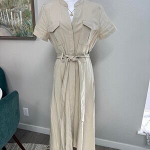 Neutral Linen Blend Midi Shirt Dress | Minimal‎ Capsule Wardrobe